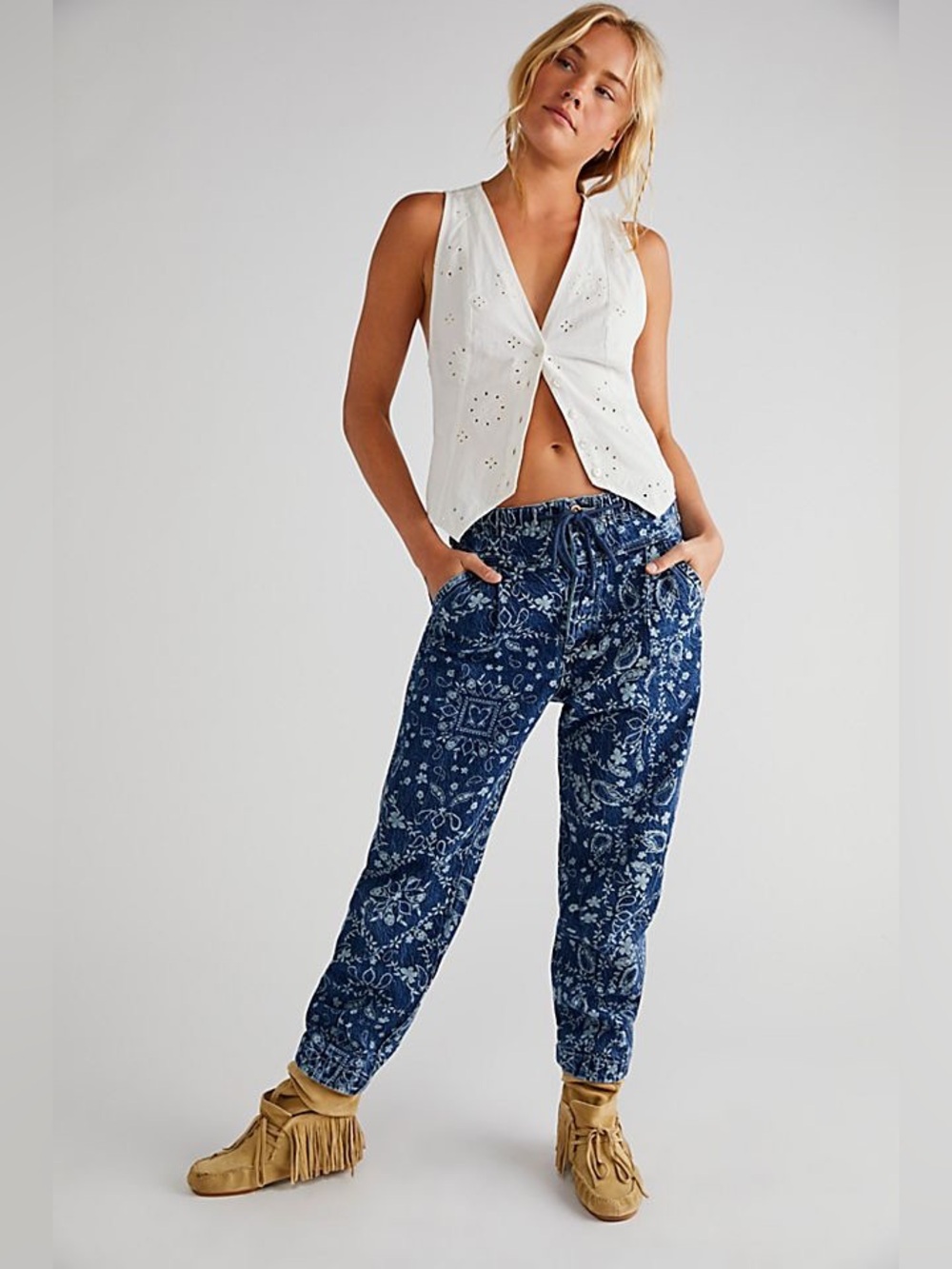 Free People Mixed Up Printed Utility Jeans